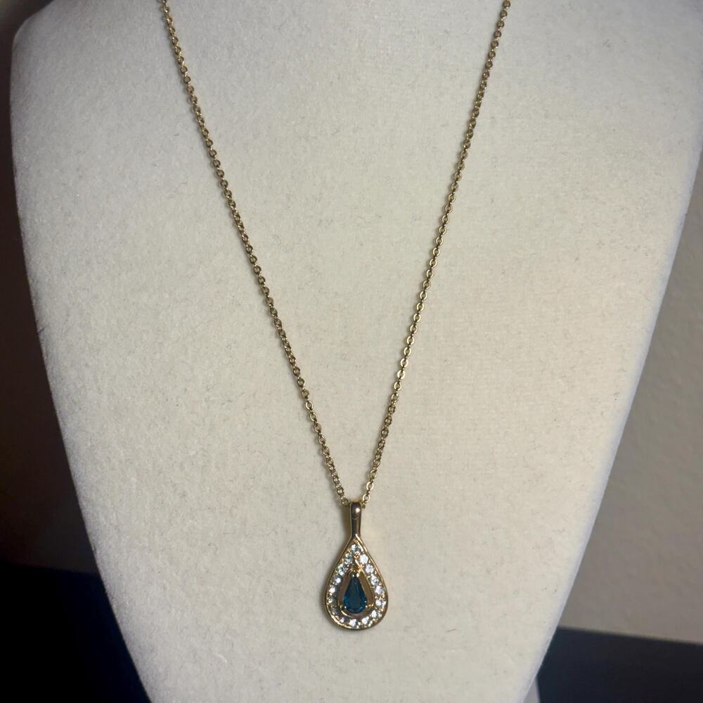 Sapphire Blue Teardrop Rhinestone Pendant Necklace, Gold Tone Minimalist Jewelry